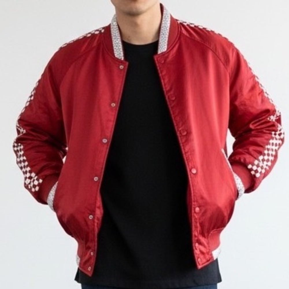 21 Men Red Sequin Checkerboard Bomber Jacket Snap Mens S street Urban glam indie